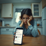 A woman sitting alone at a kitchen table, head in hands, looking distraught and confused, with a smartphone displaying a social media message in the foreground. The lighting is soft and melancholic, emphasizing a sense of emotional turmoil and introspection, with subtle hints of a modern home environment, detailed, realistic, cinematic.