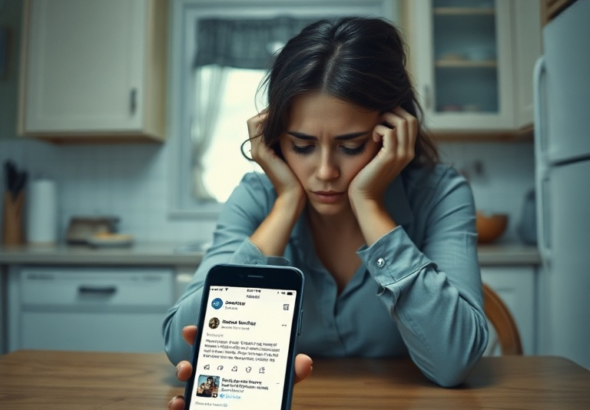 A woman sitting alone at a kitchen table, head in hands, looking distraught and confused, with a smartphone displaying a social media message in the foreground. The lighting is soft and melancholic, emphasizing a sense of emotional turmoil and introspection, with subtle hints of a modern home environment, detailed, realistic, cinematic.