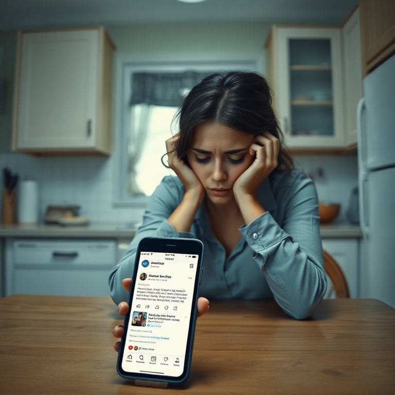 A woman sitting alone at a kitchen table, head in hands, looking distraught and confused, with a smartphone displaying a social media message in the foreground. The lighting is soft and melancholic, emphasizing a sense of emotional turmoil and introspection, with subtle hints of a modern home environment, detailed, realistic, cinematic.