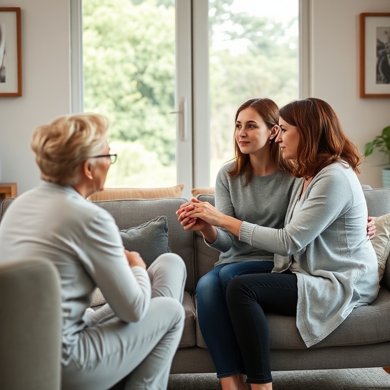 fiancs - A couple sitting on a therapy couch, facing a supportive female therapist. The couple looks serious but engaged, hol