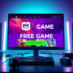 A vibrant, stylized image of a computer screen displaying the Epic Games Store interface with a prominent 'FREE GAME' banner, surrounded by gaming peripherals like a mouse and keyboard. The screen shows a popular blockbuster game's cover art, with a 'Claim Now' button highlighted in bright green. The overall mood is exciting and inviting, with a futuristic touch, high detail, 8k quality, digital art style.