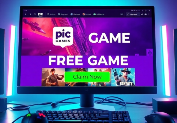 A vibrant, stylized image of a computer screen displaying the Epic Games Store interface with a prominent 'FREE GAME' banner, surrounded by gaming peripherals like a mouse and keyboard. The screen shows a popular blockbuster game's cover art, with a 'Claim Now' button highlighted in bright green. The overall mood is exciting and inviting, with a futuristic touch, high detail, 8k quality, digital art style.