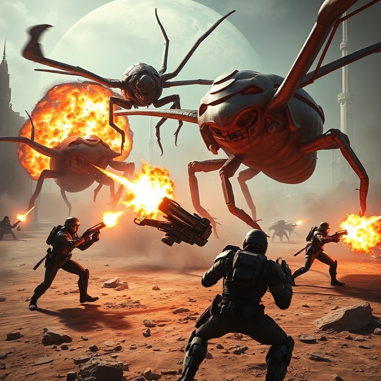claim - A dynamic, high-octane scene from Helldivers 2, showing a squad of four Helldivers engaging giant alien bugs on a des