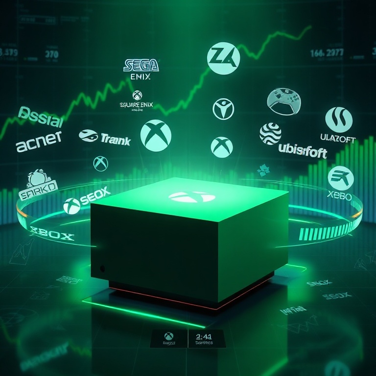 claim - A futuristic, sleek Xbox Series X console glowing with a soft green light, surrounded by holographic projections of v