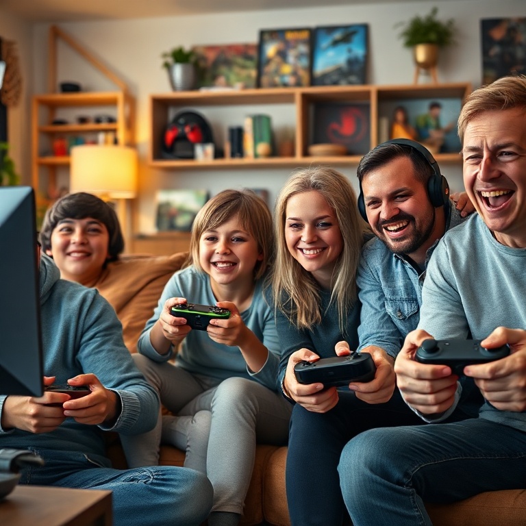 claim - A diverse group of gamers, young and old, playing various video games on different platforms (PC, Xbox, PlayStation,