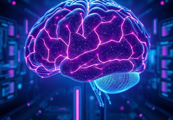 futuristic digital brain glowing with intricate neural pathways, representing advanced AI, surrounded by data streams and holographic interfaces, dark blue and purple tones, high-tech lab environment, cinematic, ultra realistic, highly detailed, 8k quality, photorealistic