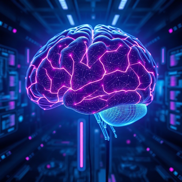 futuristic digital brain glowing with intricate neural pathways, representing advanced AI, surrounded by data streams and holographic interfaces, dark blue and purple tones, high-tech lab environment, cinematic, ultra realistic, highly detailed, 8k quality, photorealistic