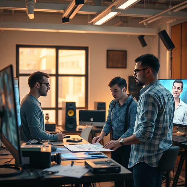 openais - a diverse team of creative professionals collaborating with a holographic AI interface in a modern, brightly lit st