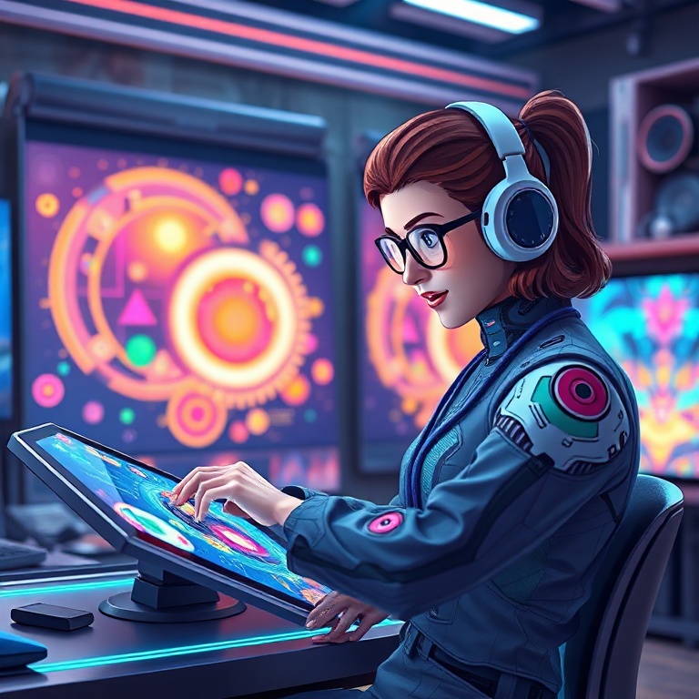 openais - a digital artist working seamlessly with an AI assistant on a holographic tablet, generating intricate visual desig
