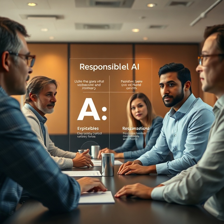 openais - a diverse group of people discussing ethical AI, a subtle digital overlay showing responsible AI principles, warm a
