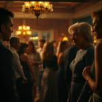 A dimly lit, bustling house party scene with people conversing and laughing. In the foreground, two friends (one looking increasingly uncomfortable) are talking to an elegant, older woman with an intense gaze. The atmosphere is lively but has an underlying tension. Warm, inviting lighting, detailed party decorations, diverse group of guests, cinematic quality, ultra realistic, highly detailed, 8k quality, photorealistic. The image should subtly hint at the brewing Tifu moment.