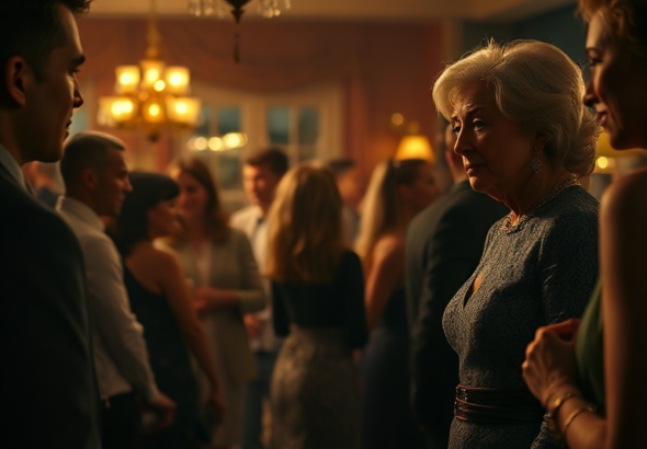 A dimly lit, bustling house party scene with people conversing and laughing. In the foreground, two friends (one looking increasingly uncomfortable) are talking to an elegant, older woman with an intense gaze. The atmosphere is lively but has an underlying tension. Warm, inviting lighting, detailed party decorations, diverse group of guests, cinematic quality, ultra realistic, highly detailed, 8k quality, photorealistic. The image should subtly hint at the brewing Tifu moment.