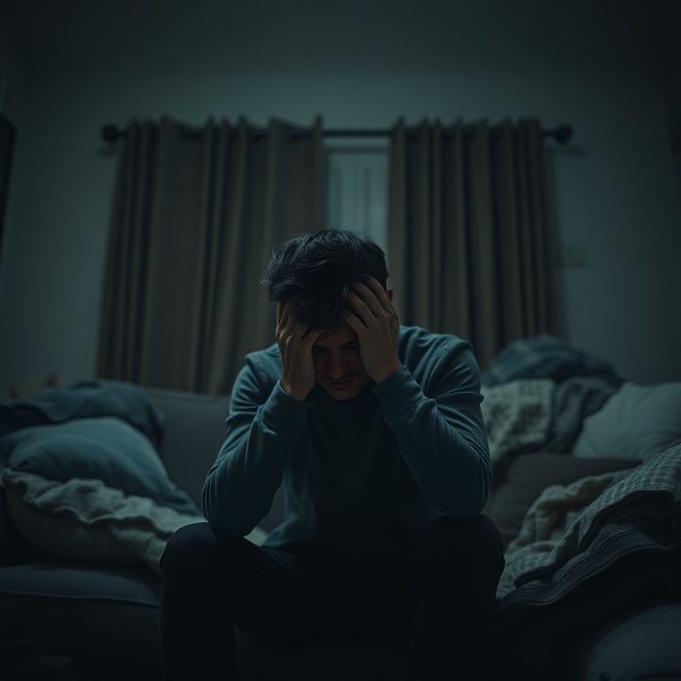 A person sitting alone in a dimly lit room, head in hands, looking distraught and remorseful. The setting is a cozy, slightly