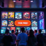 A vibrant digital storefront display showing various video game covers with 'FREE' banners prominently featured, a diverse group of gamers excitedly looking at their screens, a stylized 'Claim Your Free' button glowing, in a modern, neon-lit gaming room, cinematic lighting, ultra realistic, highly detailed, 8k quality, photorealistic
