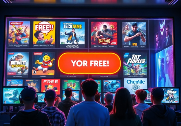 A vibrant digital storefront display showing various video game covers with 'FREE' banners prominently featured, a diverse group of gamers excitedly looking at their screens, a stylized 'Claim Your Free' button glowing, in a modern, neon-lit gaming room, cinematic lighting, ultra realistic, highly detailed, 8k quality, photorealistic