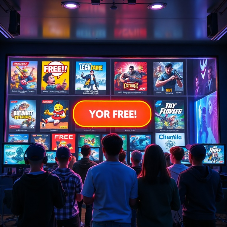 A vibrant digital storefront display showing various video game covers with 'FREE' banners prominently featured, a diverse group of gamers excitedly looking at their screens, a stylized 'Claim Your Free' button glowing, in a modern, neon-lit gaming room, cinematic lighting, ultra realistic, highly detailed, 8k quality, photorealistic