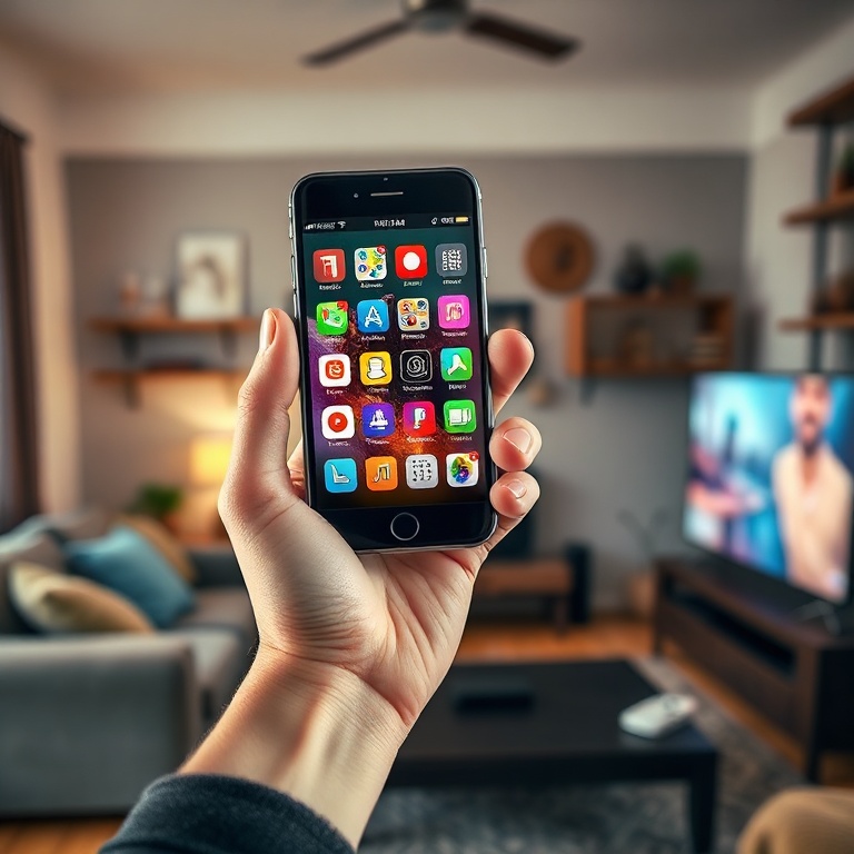 claim - A person's hand holding a smartphone displaying various gaming app icons, with a blurred background of a cozy living