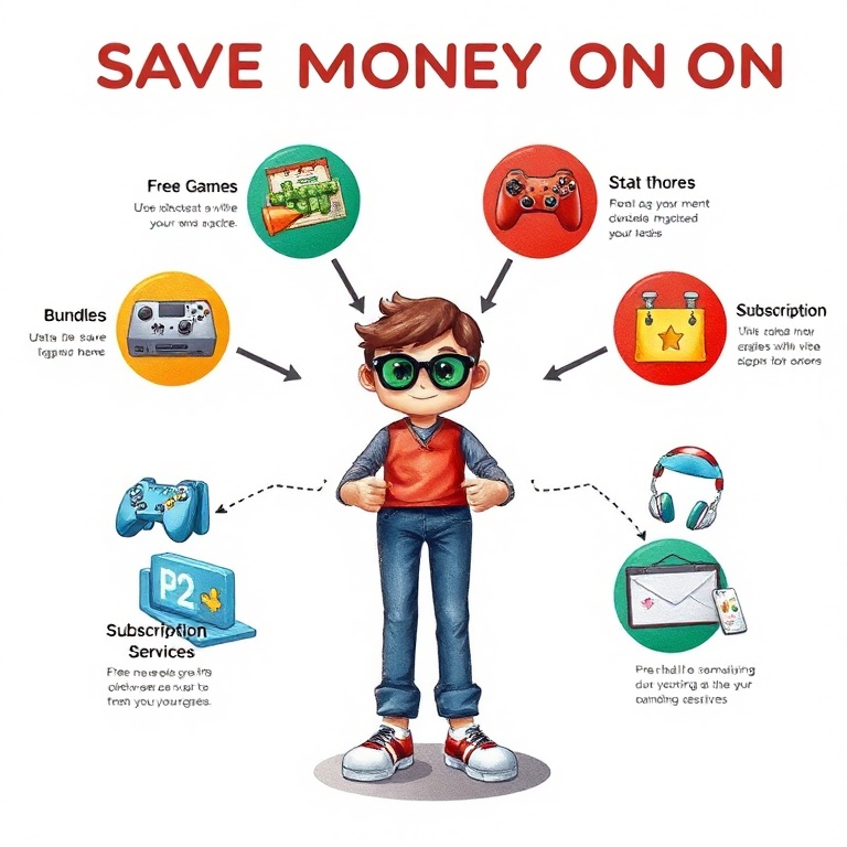 claim - A detailed infographic illustrating various ways to save money on video games, including icons for 'Free Games,' 'Sal