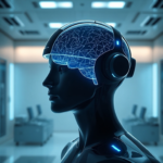 A futuristic, sleek brain-computer interface headset glowing with subtle blue lights, connected wirelessly to a holographic display showing complex neural patterns being processed in real-time by a stylized 'Aether' AI core. The background is a modern, minimalist lab environment with the logo of Openais subtly integrated, conveying innovation and advanced technology, ultra realistic, highly detailed, 8k quality, photorealistic