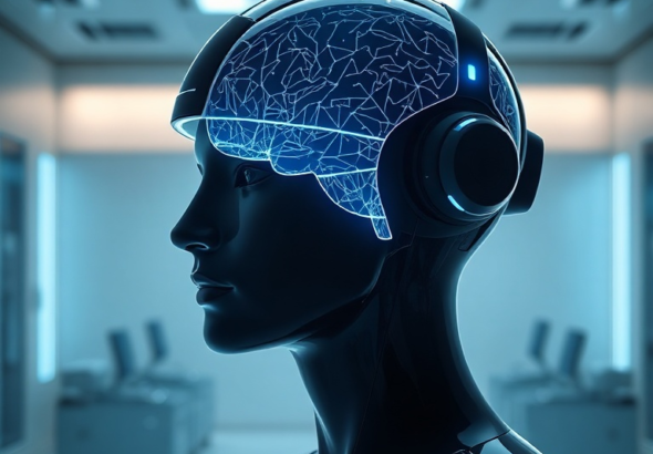 A futuristic, sleek brain-computer interface headset glowing with subtle blue lights, connected wirelessly to a holographic display showing complex neural patterns being processed in real-time by a stylized 'Aether' AI core. The background is a modern, minimalist lab environment with the logo of Openais subtly integrated, conveying innovation and advanced technology, ultra realistic, highly detailed, 8k quality, photorealistic
