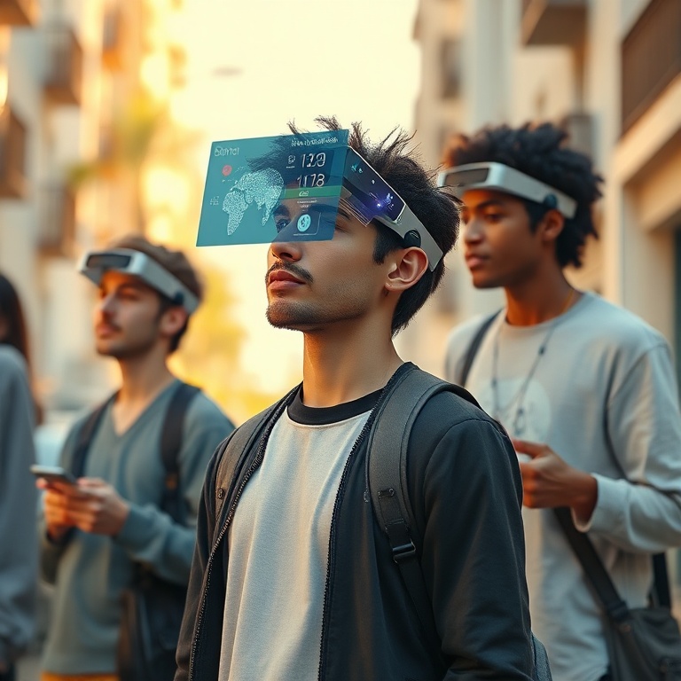 A diverse group of people in various everyday settings using sleek, non-invasive brain-computer interface devices powered by