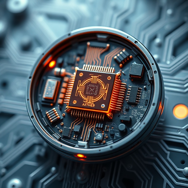 A detailed, macro view of the internal components of a compact, non-invasive BCI device, showing intricate microchips, flexib
