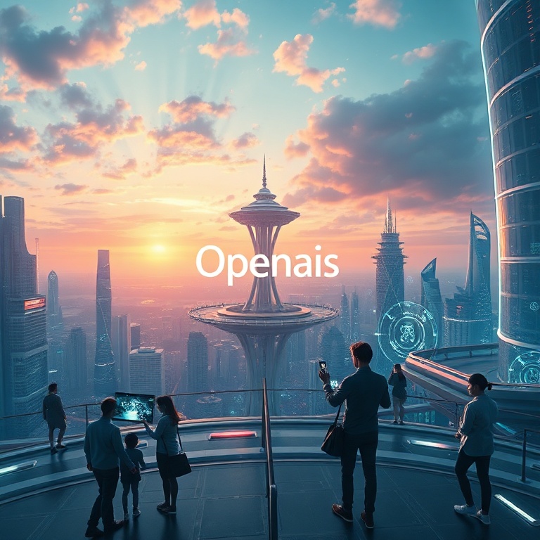 A panoramic, inspirational vision of the future with humans and advanced AI technology coexisting harmoniously. People are in
