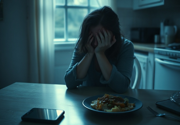 A woman sits alone at a dimly lit kitchen table, head in hands, her smartphone lying face down beside a half-eaten meal. The scene is filled with a sense of profound shock and betrayal. Cool blue and grey tones dominate, highlighting the emotional distress, with soft, natural light filtering from a nearby window, ultra realistic, highly detailed, cinematic atmosphere, 8k quality, photorealistic