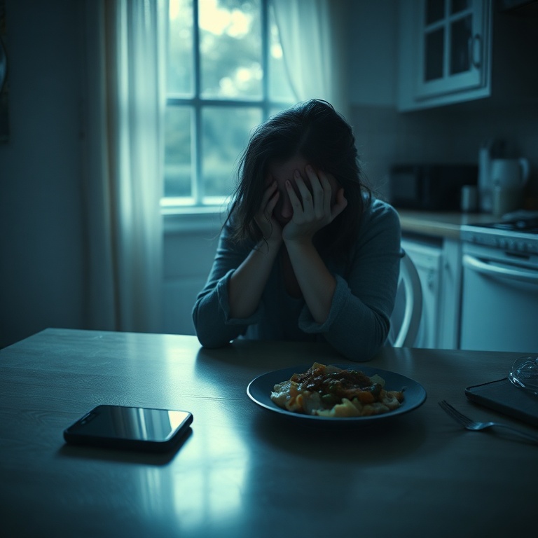 A woman sits alone at a dimly lit kitchen table, head in hands, her smartphone lying face down beside a half-eaten meal. The scene is filled with a sense of profound shock and betrayal. Cool blue and grey tones dominate, highlighting the emotional distress, with soft, natural light filtering from a nearby window, ultra realistic, highly detailed, cinematic atmosphere, 8k quality, photorealistic