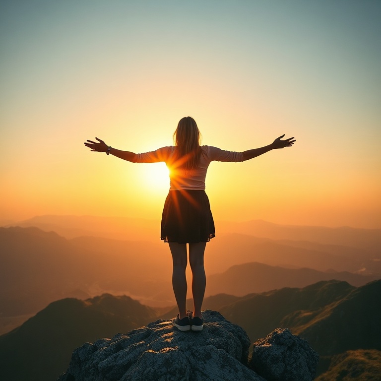 fianc - A serene woman standing confidently on a mountain peak at sunrise, arms outstretched, symbolizing resilience and new