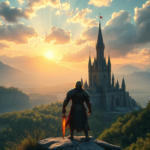 A majestic fantasy open-world RPG scene with a lone hero overlooking a vast, detailed landscape featuring a towering castle, lush forests, and distant mountains under a dramatic sky with golden hour lighting. The hero is clad in intricate armor, holding a glowing sword, conveying a sense of adventure and epic scale. Cinematic atmosphere, ultra realistic, highly detailed, 8k quality, photorealistic