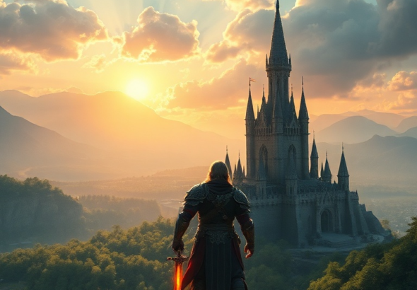 A majestic fantasy open-world RPG scene with a lone hero overlooking a vast, detailed landscape featuring a towering castle, lush forests, and distant mountains under a dramatic sky with golden hour lighting. The hero is clad in intricate armor, holding a glowing sword, conveying a sense of adventure and epic scale. Cinematic atmosphere, ultra realistic, highly detailed, 8k quality, photorealistic