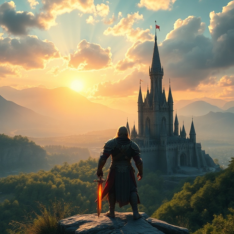 A majestic fantasy open-world RPG scene with a lone hero overlooking a vast, detailed landscape featuring a towering castle, lush forests, and distant mountains under a dramatic sky with golden hour lighting. The hero is clad in intricate armor, holding a glowing sword, conveying a sense of adventure and epic scale. Cinematic atmosphere, ultra realistic, highly detailed, 8k quality, photorealistic