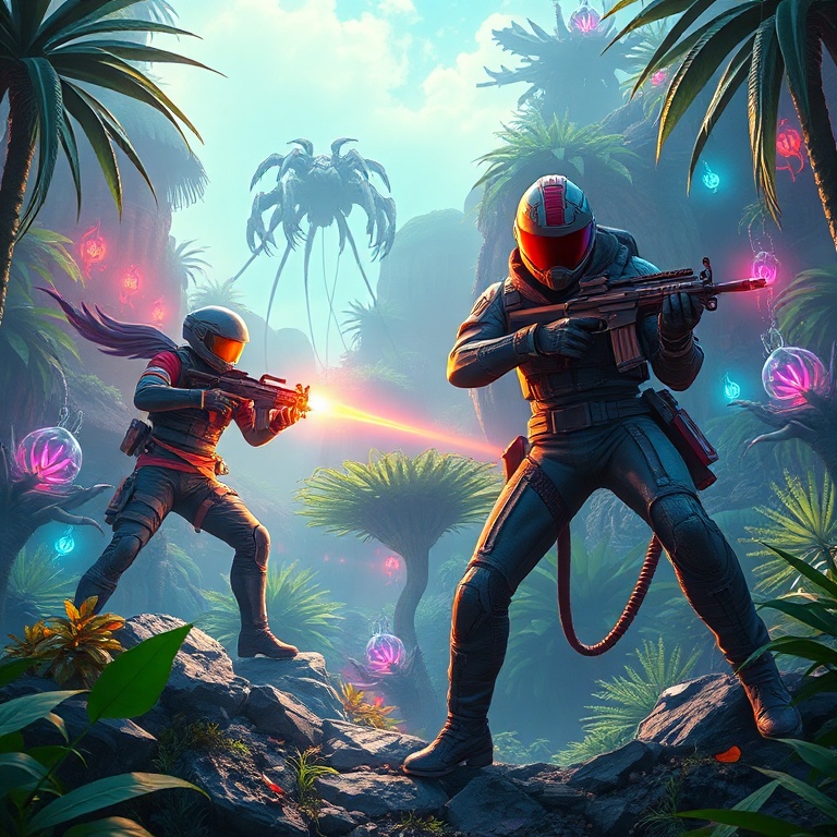 todays - A vibrant, futuristic multiplayer shooter scene with two new unique character classes clashing on a lush alien jungl