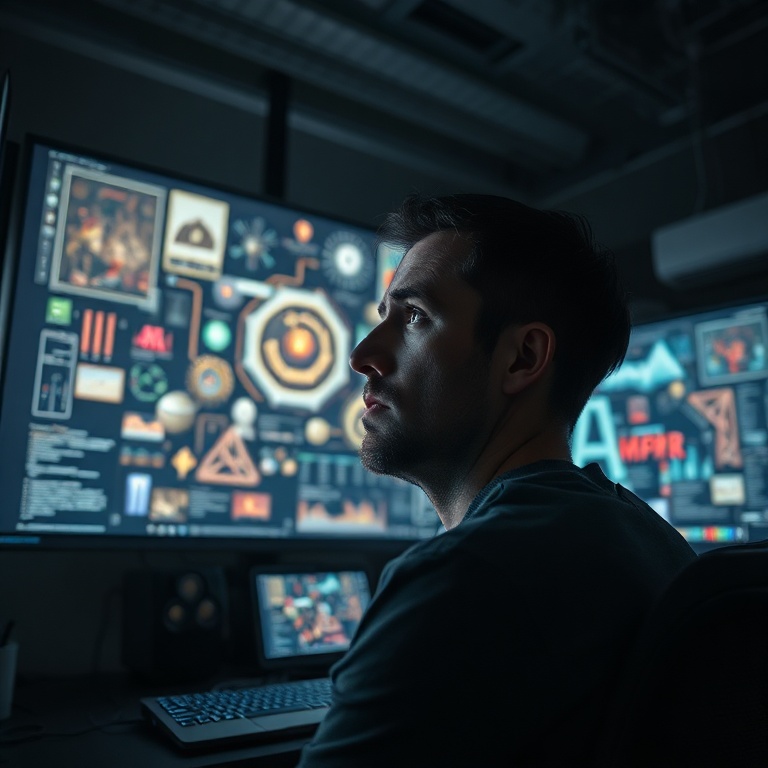todays - A dramatic, low-angle shot of a digital artist looking frustrated while staring at a complex screen displaying AI-ge