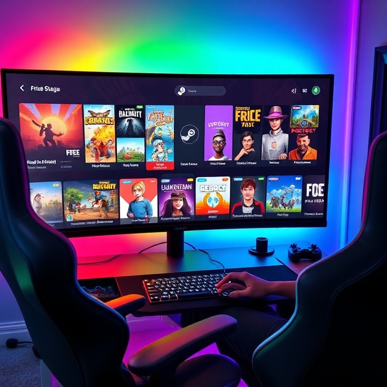 A vibrant, modern gaming setup with a wide monitor displaying a diverse collection of digital game icons from various platfor