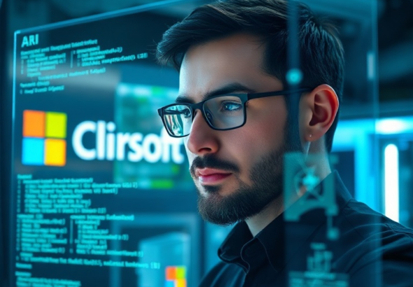 a developer working on a futuristic holographic interface, displaying complex AI agent workflows and code, with the Microsoft logo subtly integrated into the background, vibrant blue and green light, high-tech lab environment, focused and determined expression, cinematic, ultra realistic, highly detailed, 8k quality, photorealistic