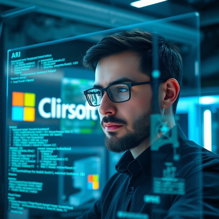 a developer working on a futuristic holographic interface, displaying complex AI agent workflows and code, with the Microsoft logo subtly integrated into the background, vibrant blue and green light, high-tech lab environment, focused and determined expression, cinematic, ultra realistic, highly detailed, 8k quality, photorealistic