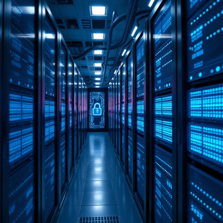 microsoft - a sleek, modern data center server rack with glowing blue lights, representing secure and robust AI infrastructur
