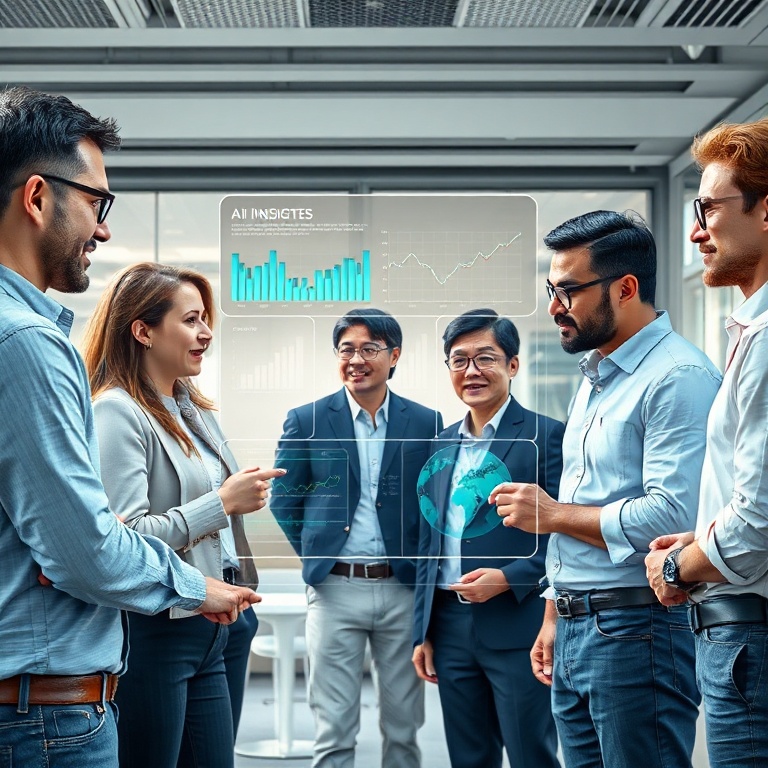microsoft - a diverse group of professionals collaborating around a large interactive holographic display, showing business a