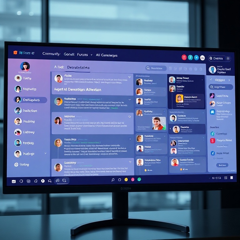 microsoft - a vibrant online community forum interface on a large monitor, showing discussions and code snippets related to A