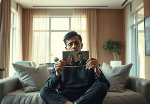 A solitary figure sits on a luxurious, modern sofa in a spacious, sunlit living room, their face etched with a deep sense of guilt and contemplation, holding a faded photograph of two smiling friends from years past. The room is elegantly furnished with minimalist decor, reflecting comfort and wealth, contrasting sharply with the internal turmoil of the person. Soft, warm light streams in from large windows, creating a cinematic, introspective mood, ultra realistic, highly detailed, 8k quality, photorealistic