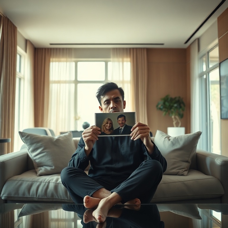 A solitary figure sits on a luxurious, modern sofa in a spacious, sunlit living room, their face etched with a deep sense of guilt and contemplation, holding a faded photograph of two smiling friends from years past. The room is elegantly furnished with minimalist decor, reflecting comfort and wealth, contrasting sharply with the internal turmoil of the person. Soft, warm light streams in from large windows, creating a cinematic, introspective mood, ultra realistic, highly detailed, 8k quality, photorealistic