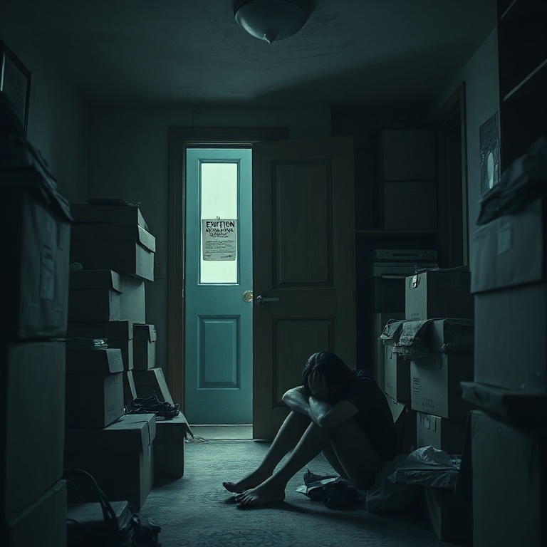 confession - A dimly lit, cramped apartment interior with moving boxes stacked, a eviction notice tacked to a worn door, and