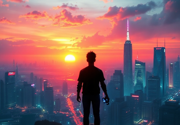 A vibrant, futuristic city skyline at sunset, with a person silhouetted, looking out over the city from a high vantage point, holding a glowing game controller. Neon lights reflect on wet surfaces, conveying a sense of adventure and discovery in a blockbuster video game. The atmosphere is epic and inviting, ultra realistic, highly detailed, 8k quality, photorealistic