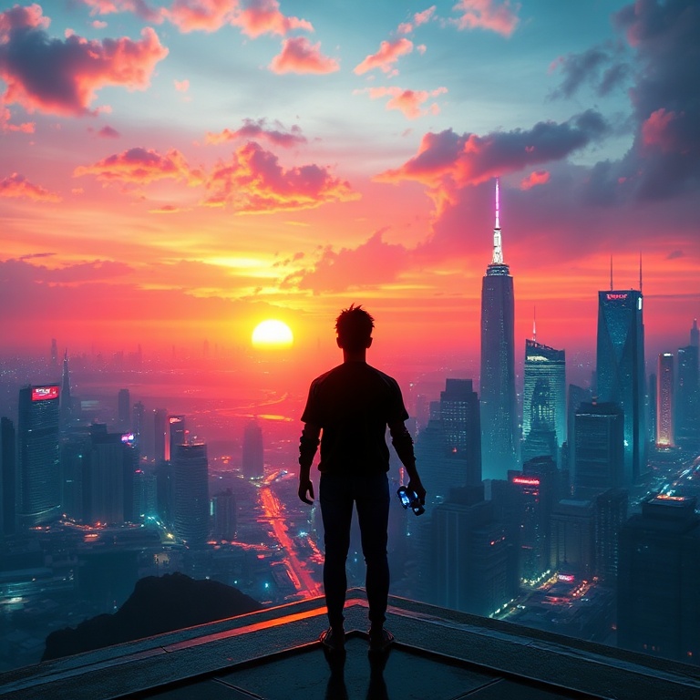A vibrant, futuristic city skyline at sunset, with a person silhouetted, looking out over the city from a high vantage point, holding a glowing game controller. Neon lights reflect on wet surfaces, conveying a sense of adventure and discovery in a blockbuster video game. The atmosphere is epic and inviting, ultra realistic, highly detailed, 8k quality, photorealistic