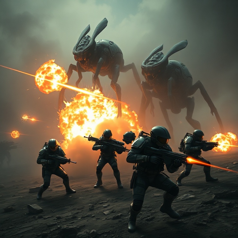 urgent - A squad of four Helldivers in futuristic power armor, mid-action, fighting against giant insectoid aliens on a desol
