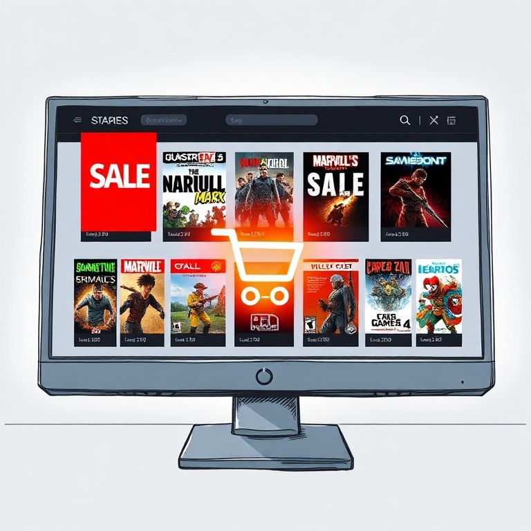 urgent - A digital storefront interface on a computer screen, displaying various video game covers with prominent 'SALE' bann
