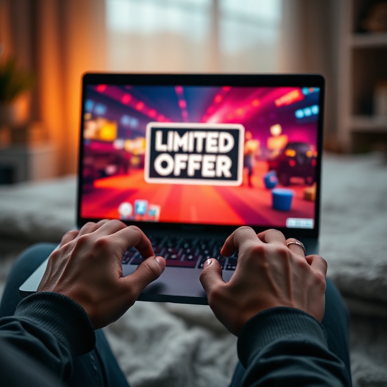 urgent - A person's hands holding a gaming laptop, with a vibrant game showcasing a 'limited-time offer' notification on the
