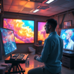 A futuristic artist studio with holographic displays showing vibrant, evolving art pieces, a human artist collaborates with a glowing, ethereal AI interface, warm ambient lighting, highly detailed, cinematic, 8k quality, digital painting style